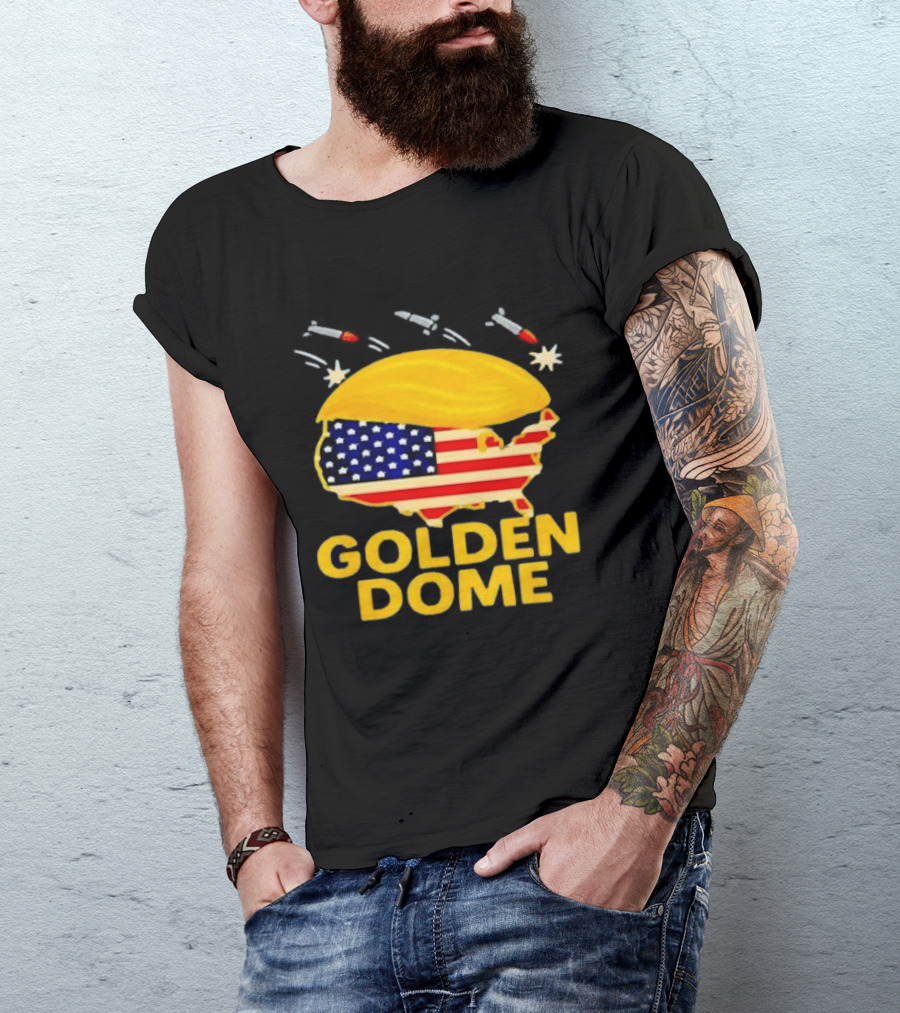 Golden Dome USA Map Trump Hair Shield With Stars And Stripes T-Shirt