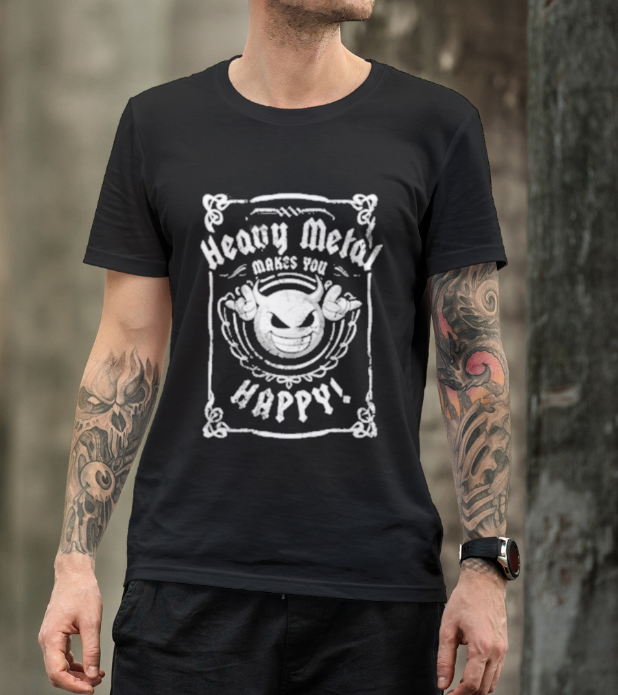 Heavy Metal Makes You Happy Smiling Devil Horns T-Shirt