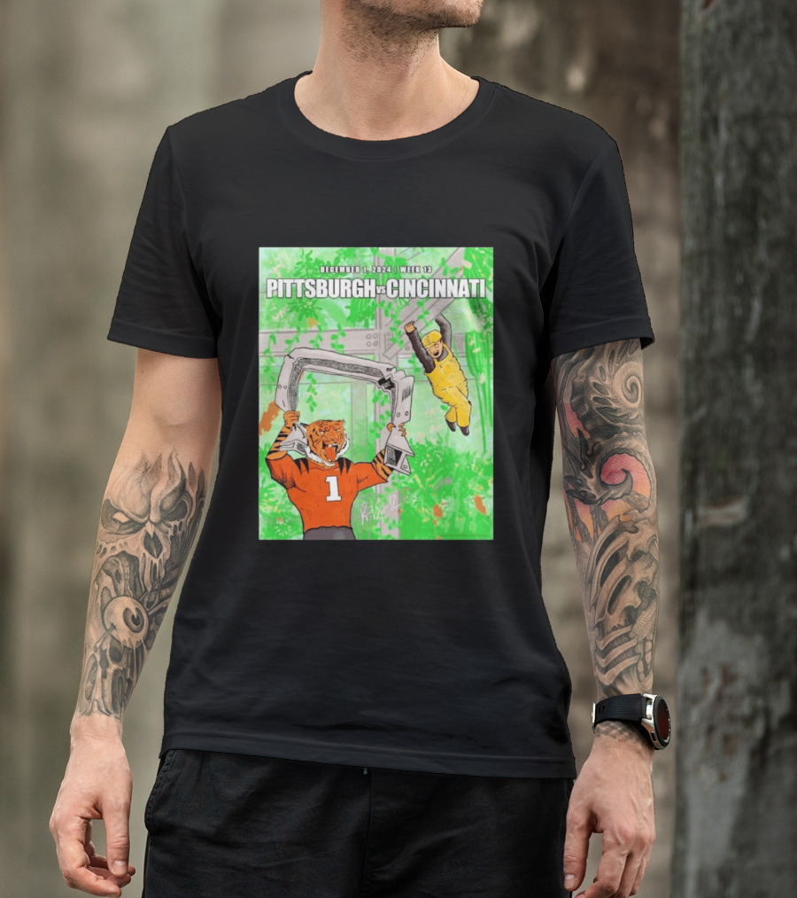 Pittsburgh Steelers Vs Cincinnati Bengals December 1 2024 Week 13 Cartoon Tiger And Construction Worker Jungle Showdown T-Shirt
