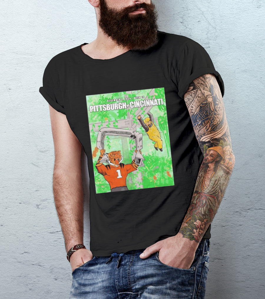 Pittsburgh Steelers Vs Cincinnati Bengals December 1 2024 Week 13 Cartoon Tiger And Construction Worker Jungle Showdown T-Shirt