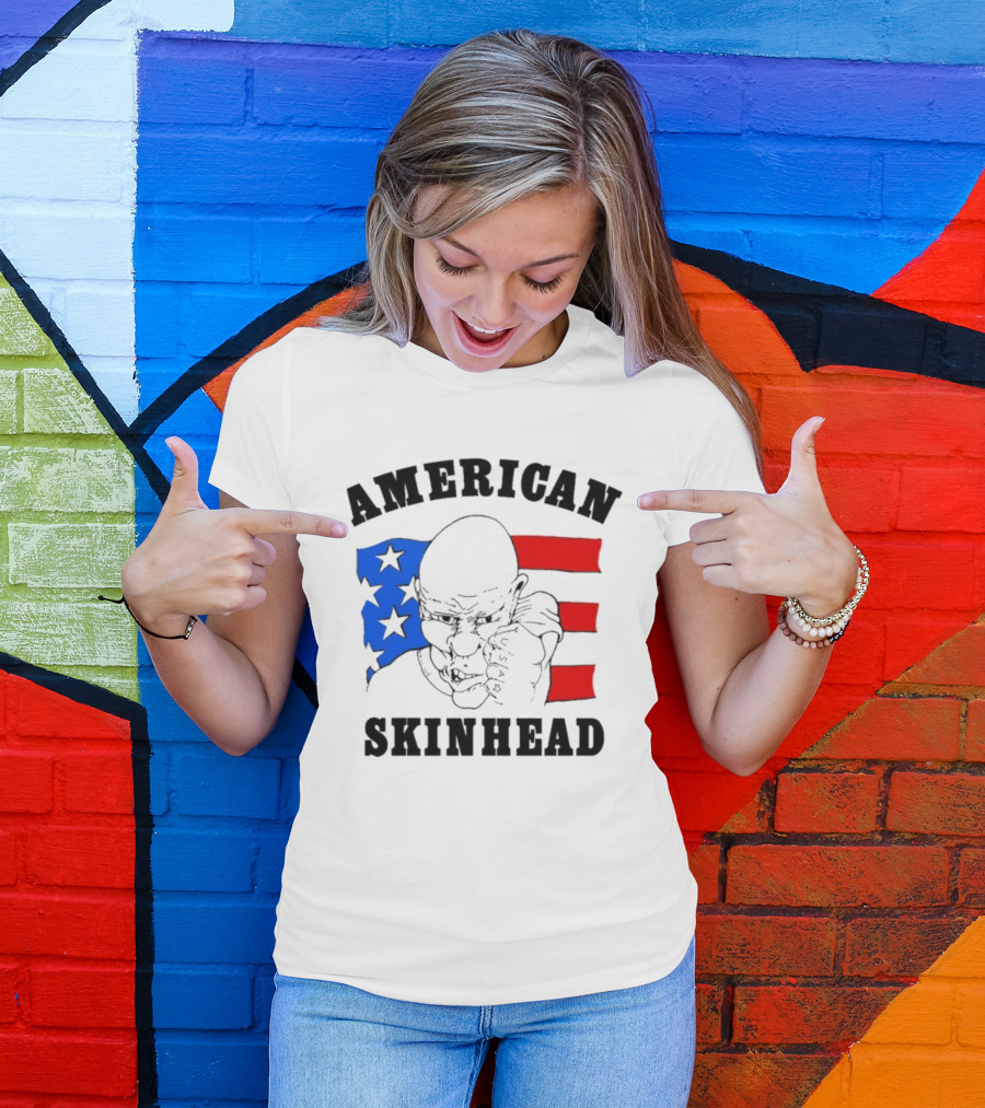 American Skinhead USA Bald Character With Flag Stars And Stripes T-Shirt