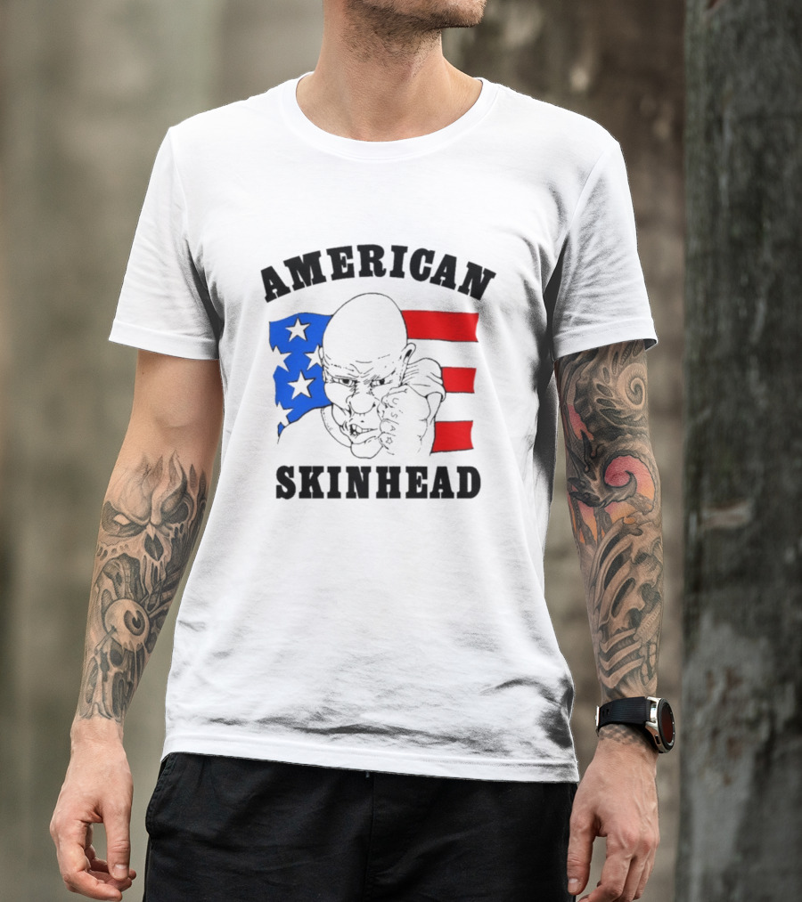 American Skinhead USA Bald Character With Flag Stars And Stripes T-Shirt