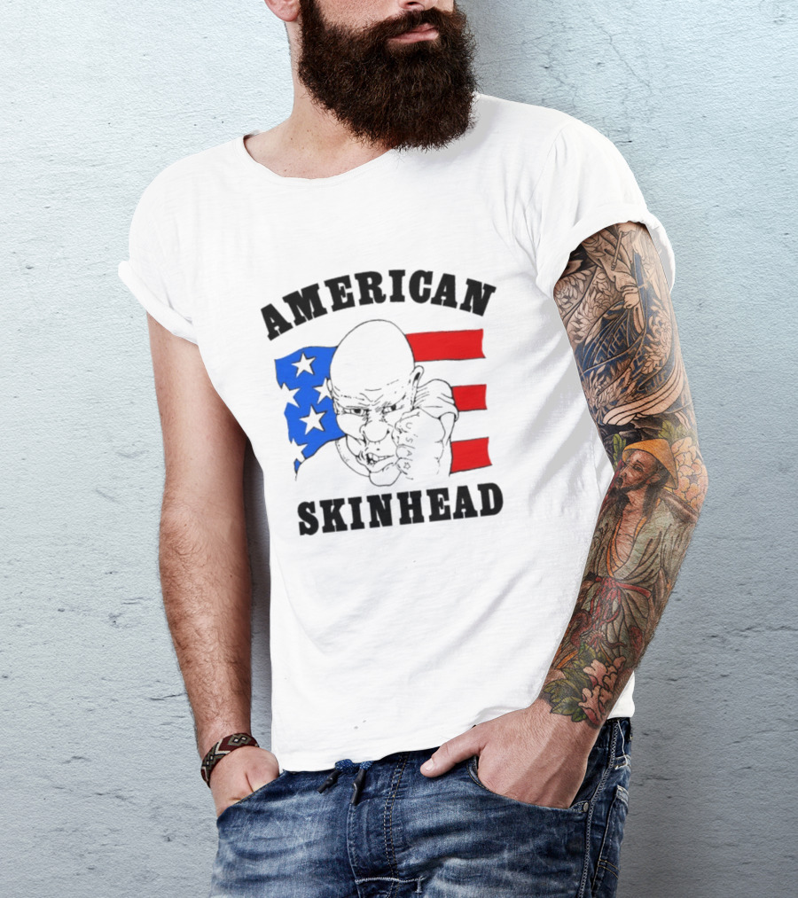 American Skinhead USA Bald Character With Flag Stars And Stripes T-Shirt