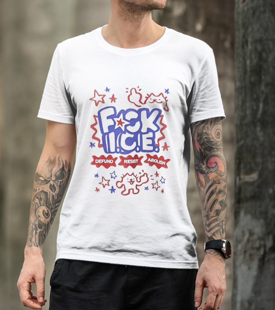 F*ck I.C.E. Defund Deport Abolish Cat Stars 1776 2026 American Flag T-Shirt