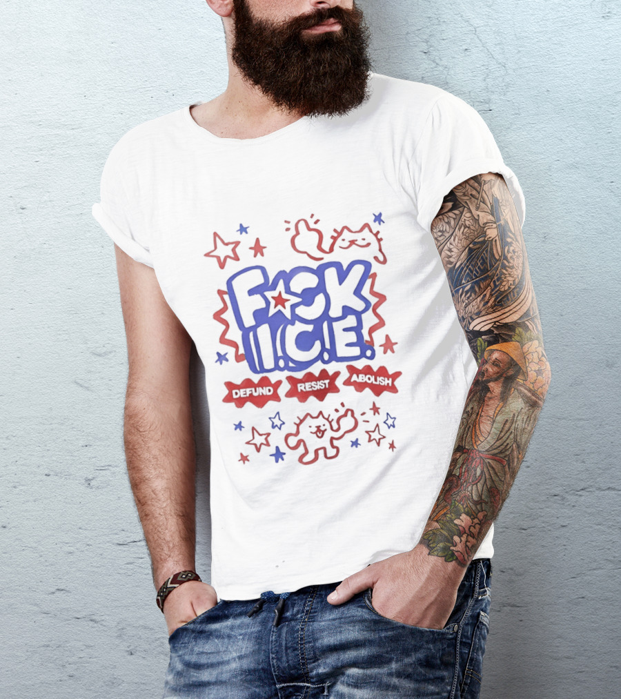 F*ck I.C.E. Defund Deport Abolish Cat Stars 1776 2026 American Flag T-Shirt