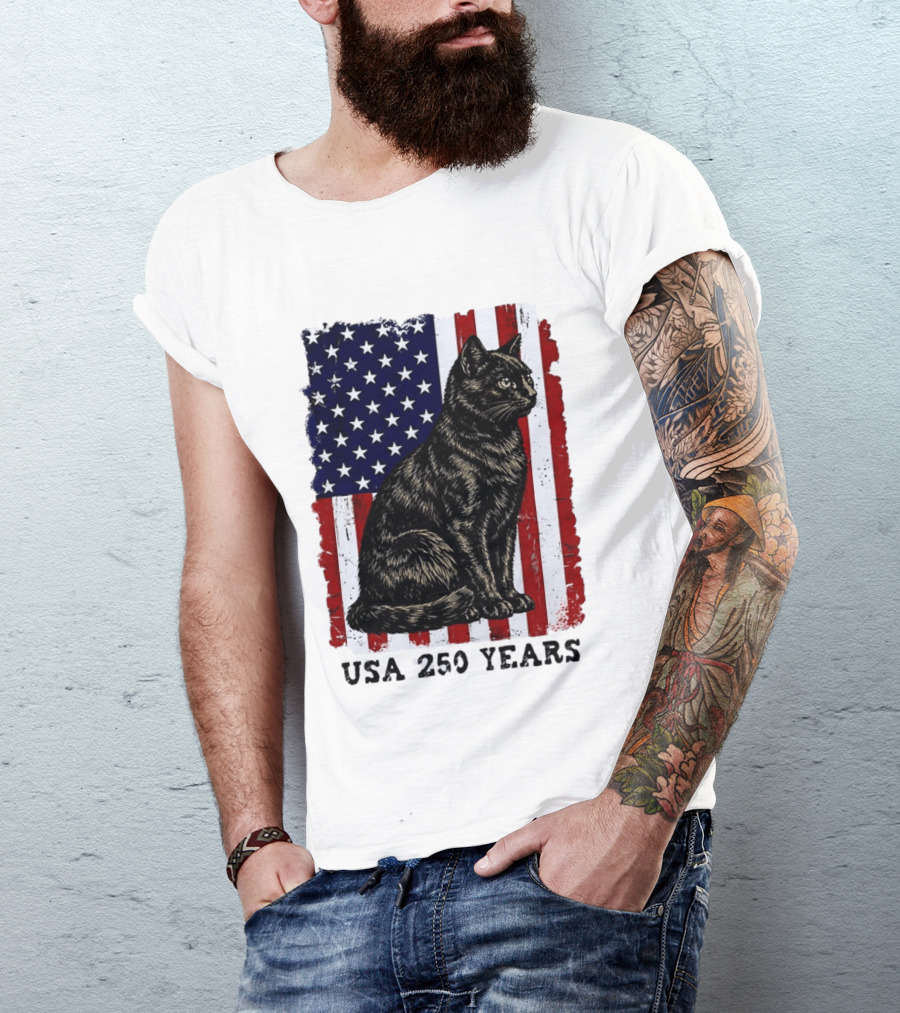 USA 250 Years Liberty Cat American Flag T-Shirt