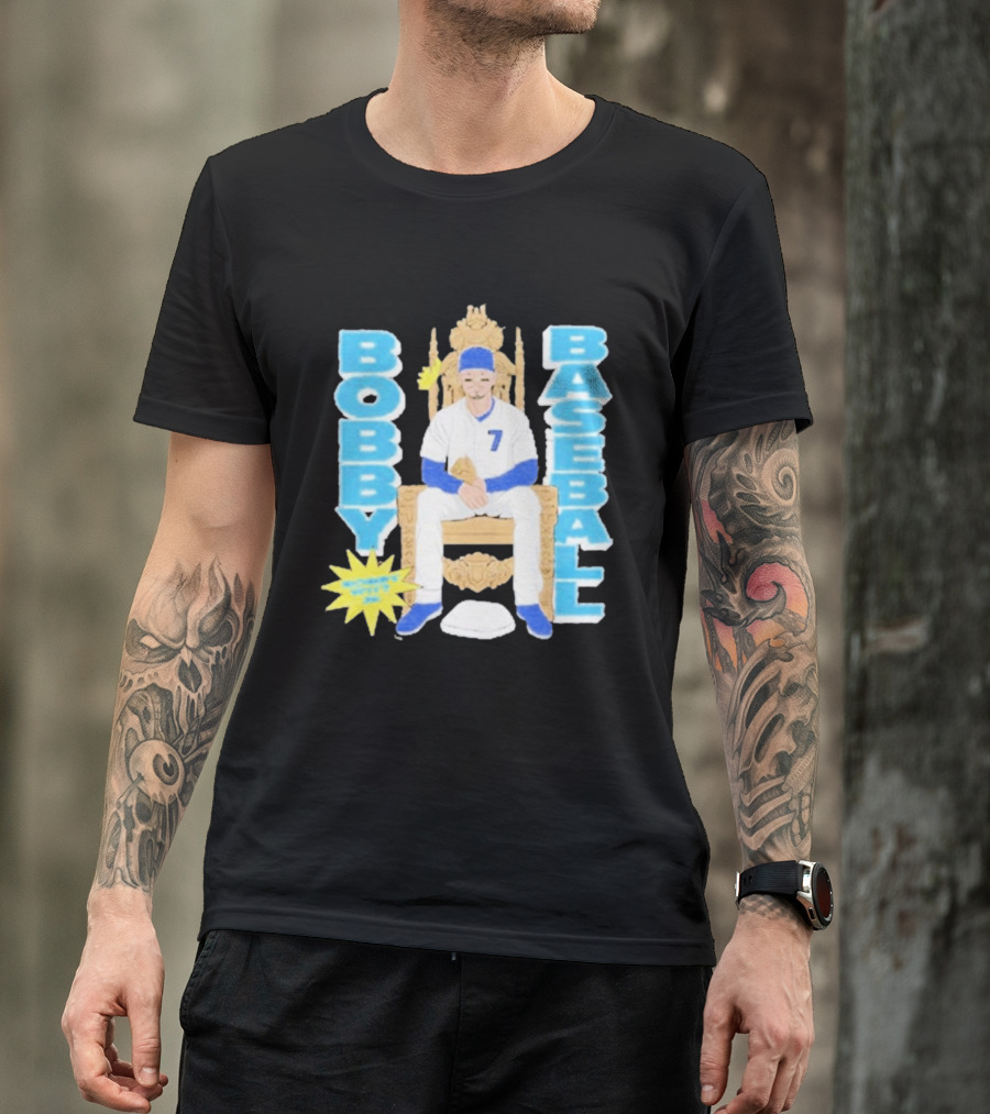 Bobby Baseball Throne Number 7 Blue Cap Batting Glove T-Shirt