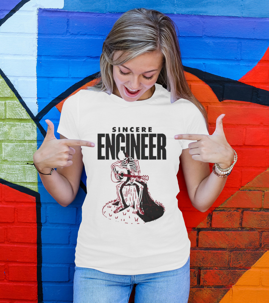 Sincere Engineer Skeleton Playing Guitar On Tree Stump T-Shirt