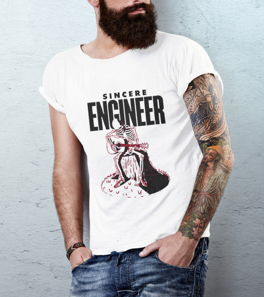 Sincere Engineer Skeleton Playing Guitar On Tree Stump T-Shirt