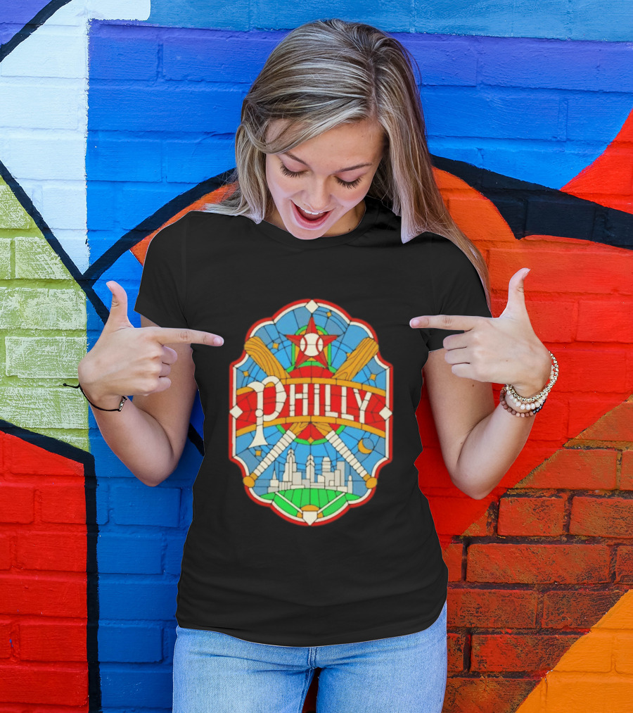 Philadelphia Phillies Stained Glass Philly Skyline Baseball Star Bats T-Shirt
