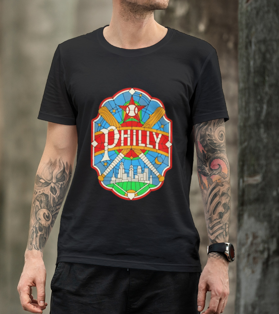 Philadelphia Phillies Stained Glass Philly Skyline Baseball Star Bats T-Shirt