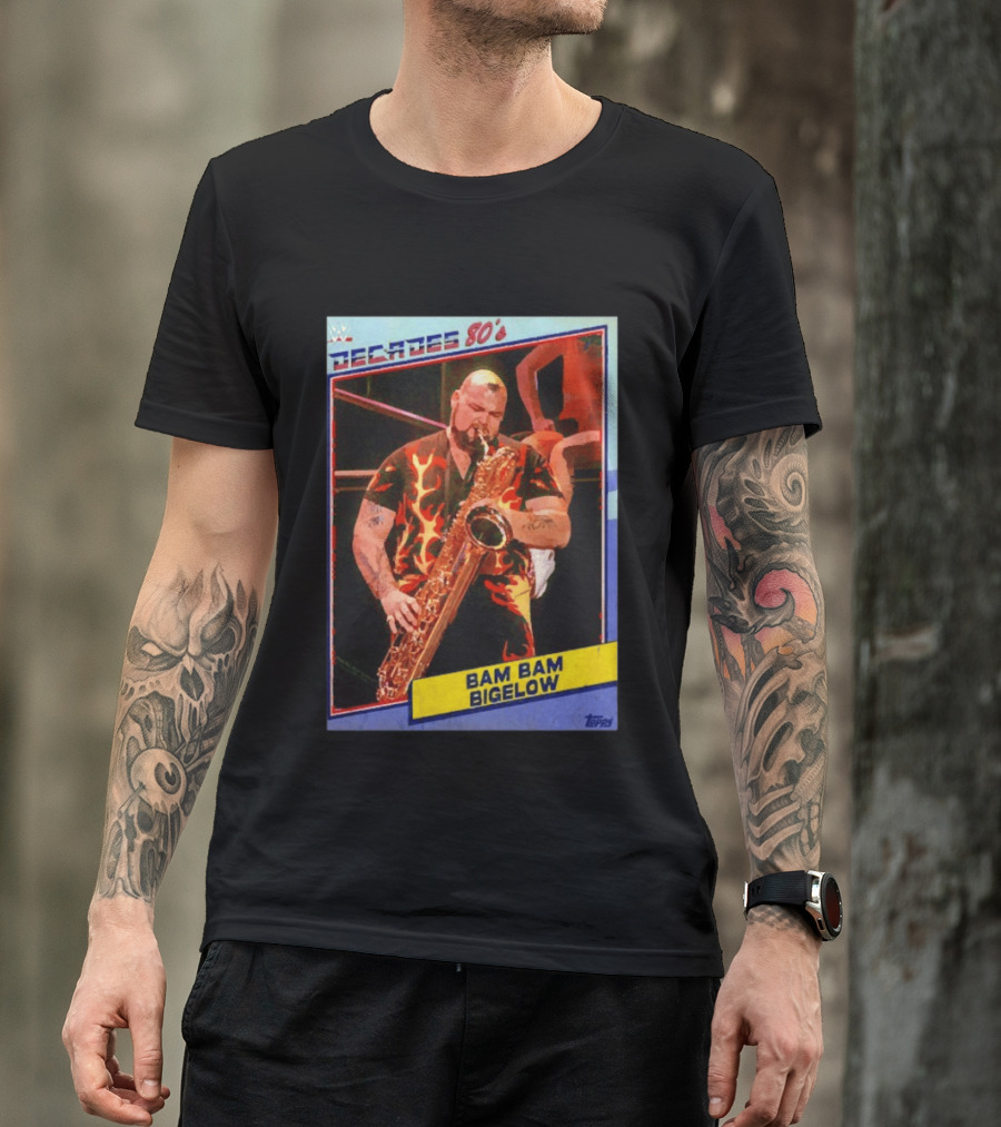 WWE Decades 80's Bam Bam Bigelow Topps Trading Card Saxophone Flame T-Shirt