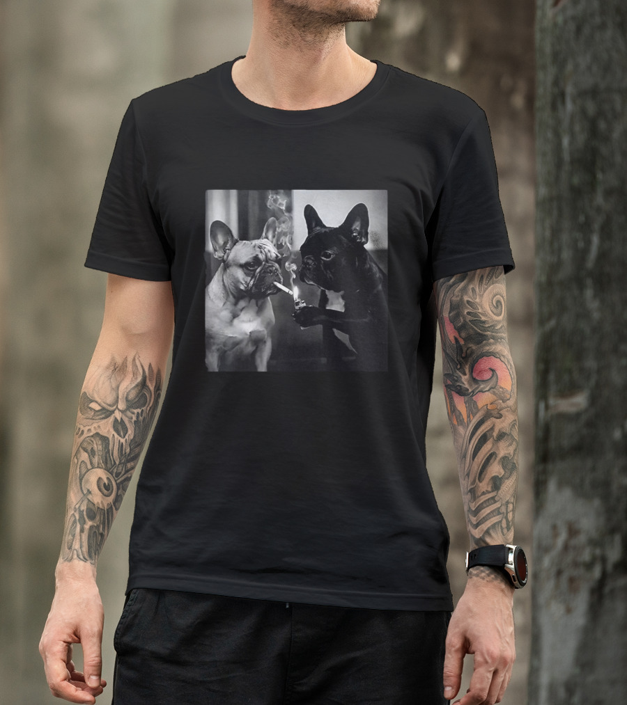 Frenchie Buddies French Bulldog Smoking Cigarette Meme Black And White Humor Duo T-Shirt