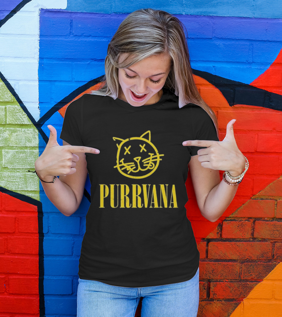 Purrvana Cat Face Yellow Grunge Style Kitty T-Shirt