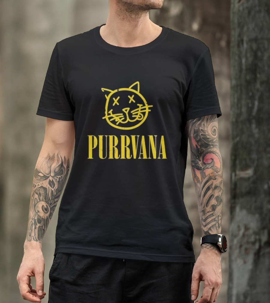Purrvana Cat Face Yellow Grunge Style Kitty T-Shirt
