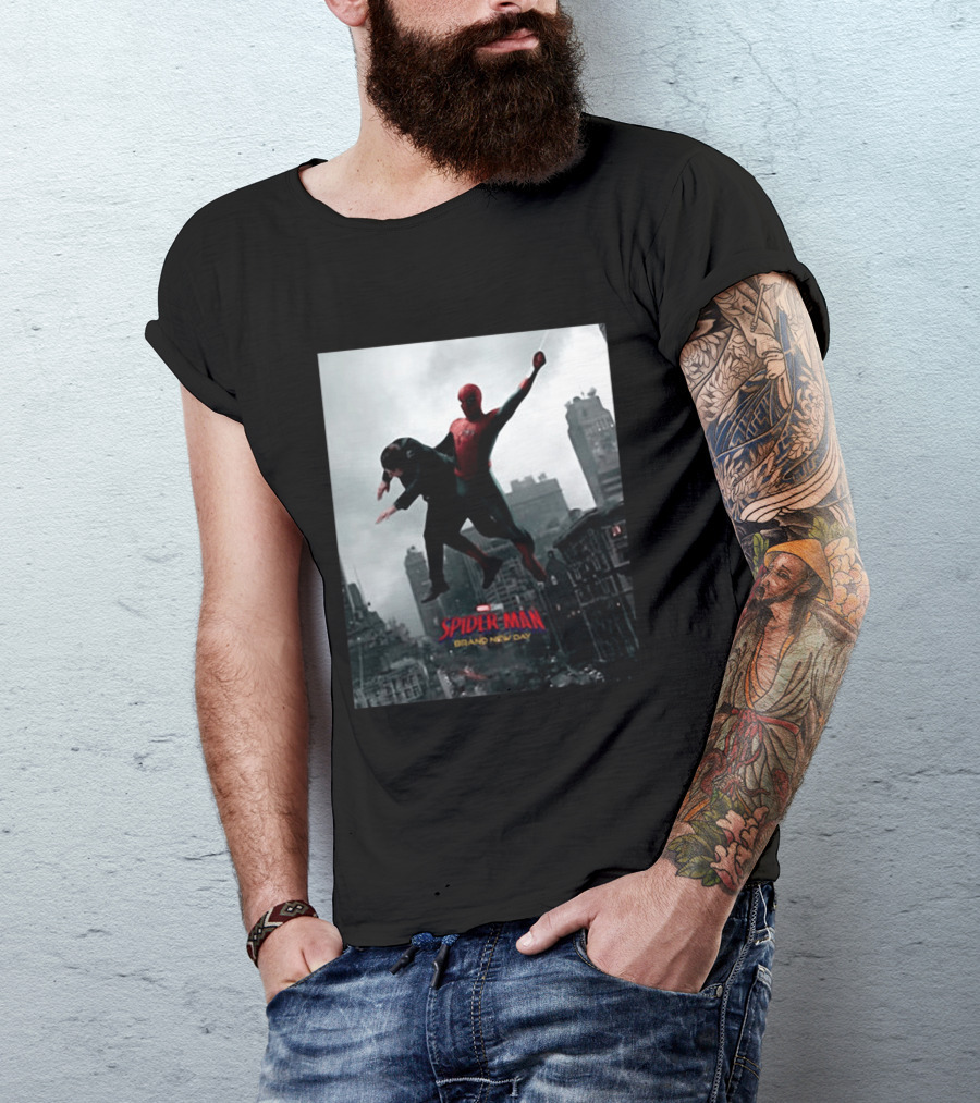 Spider Man Brand New Day Marvel Comic Scene Flying Over City Skyline T-Shirt