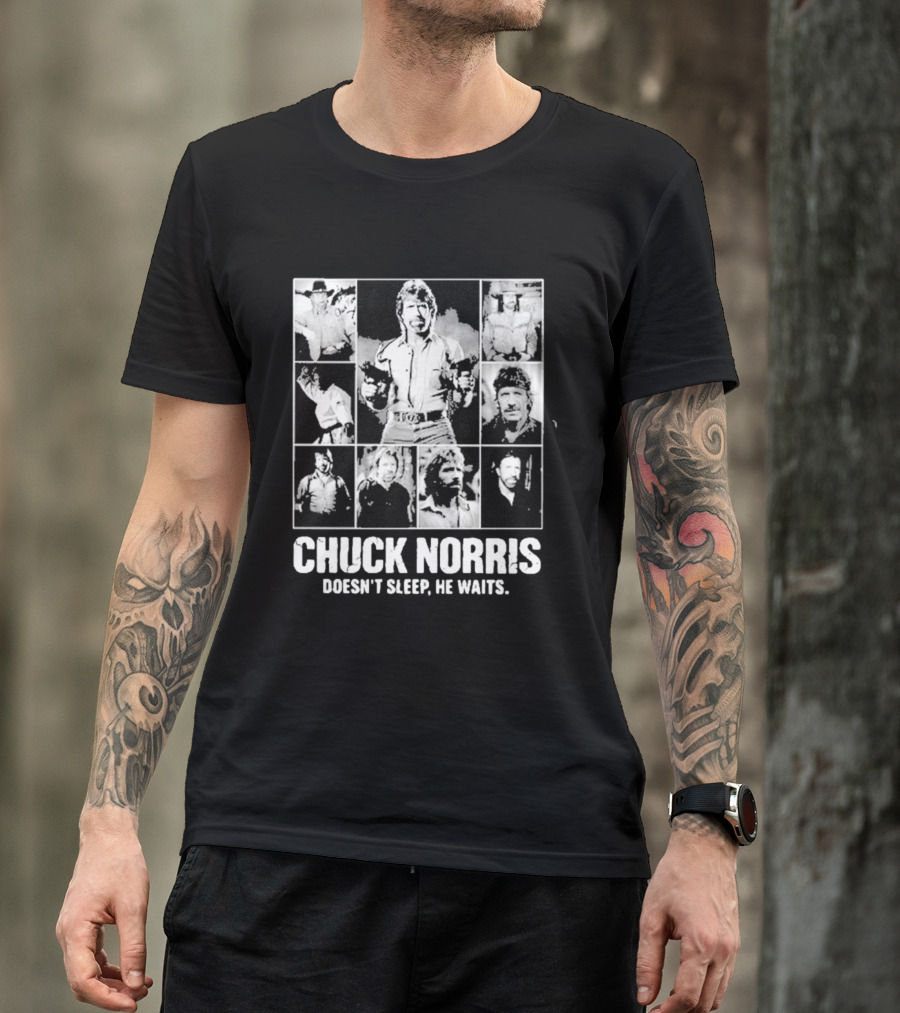 Chuck Norris Doesn't Sleep He Waits Iconic Photos Collage T-Shirt