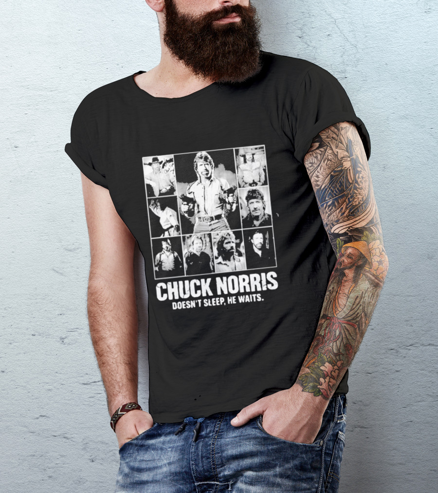 Chuck Norris Doesn't Sleep He Waits Iconic Photos Collage T-Shirt