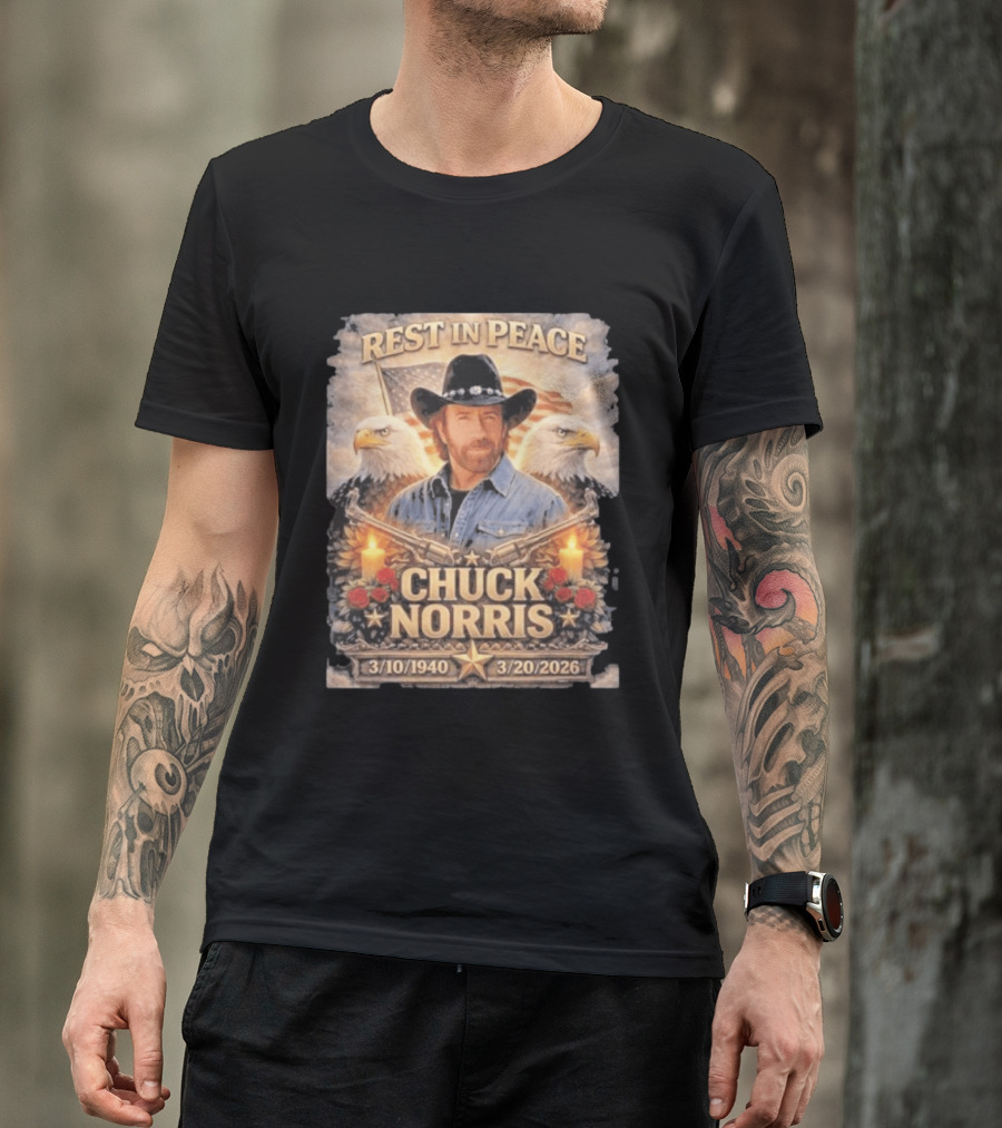 Rest In Peace Chuck Norris With Bald Eagles American Flag And Candles T-Shirt