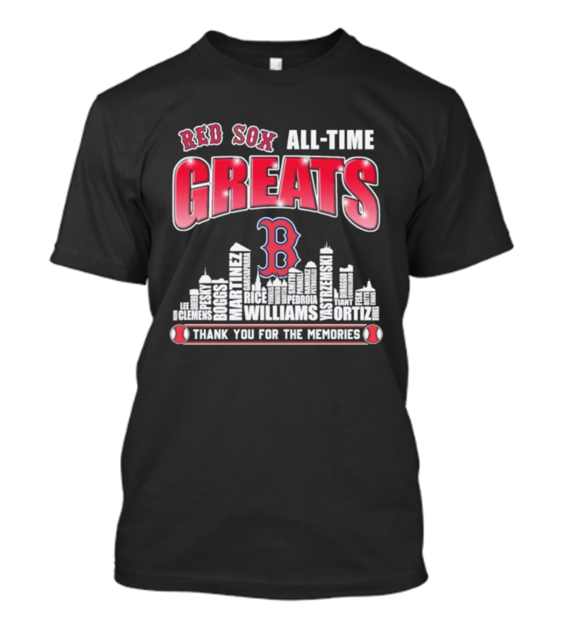 Red Sox All Time Greats Boston Skyline Williams Ortiz Thank You For The Memories T-Shirt