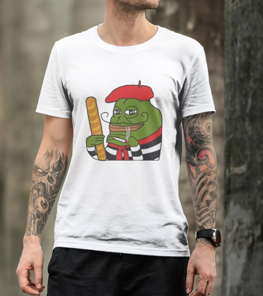 S French Pepe With Baguette And Cigarette Beret Comedy Meme T-Shirt