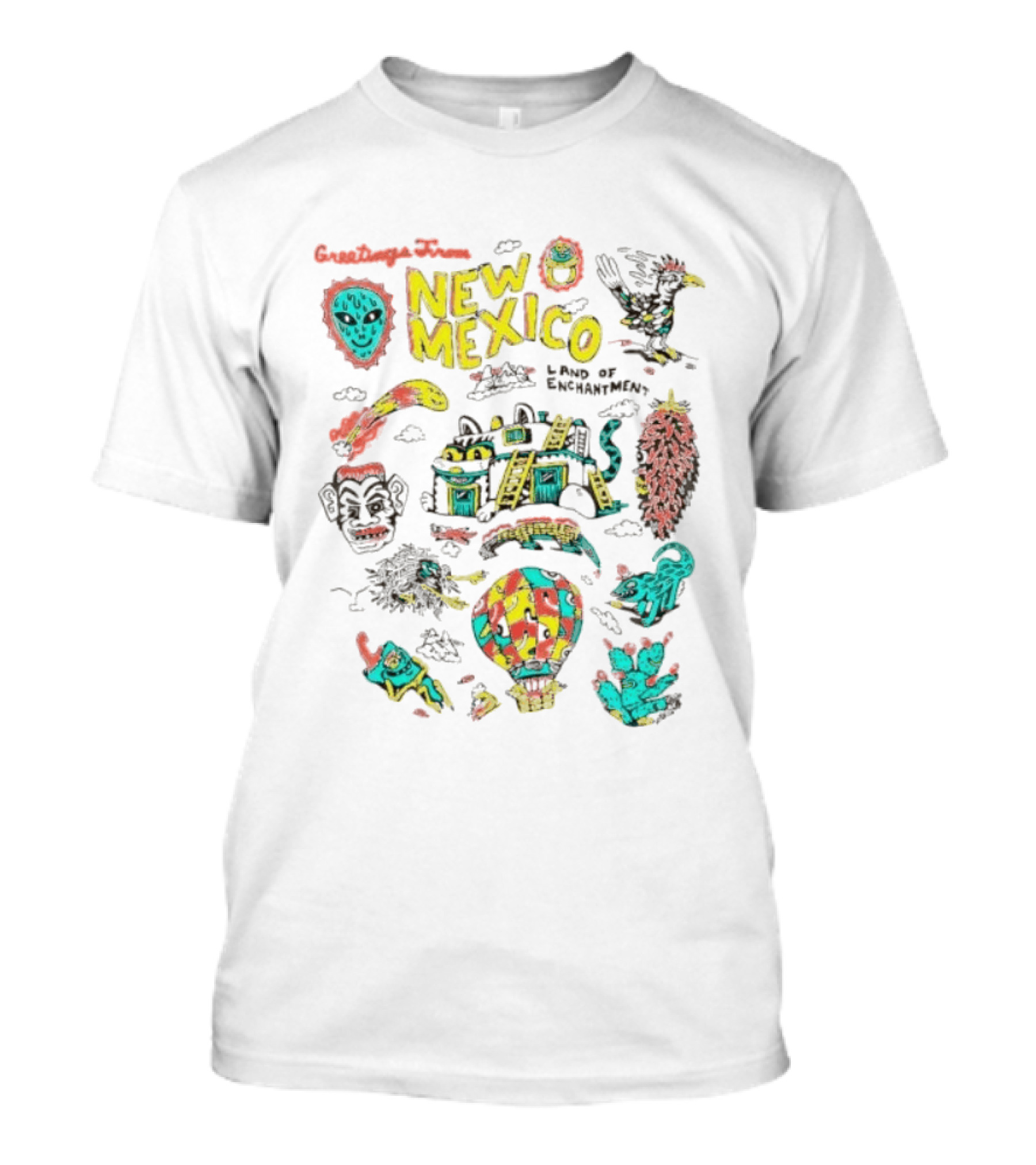 Greetings New Mexico Land Of Enchantment Colorful Southwest Symbols Hot Air Balloon Cactus And Traditional T-Shirt