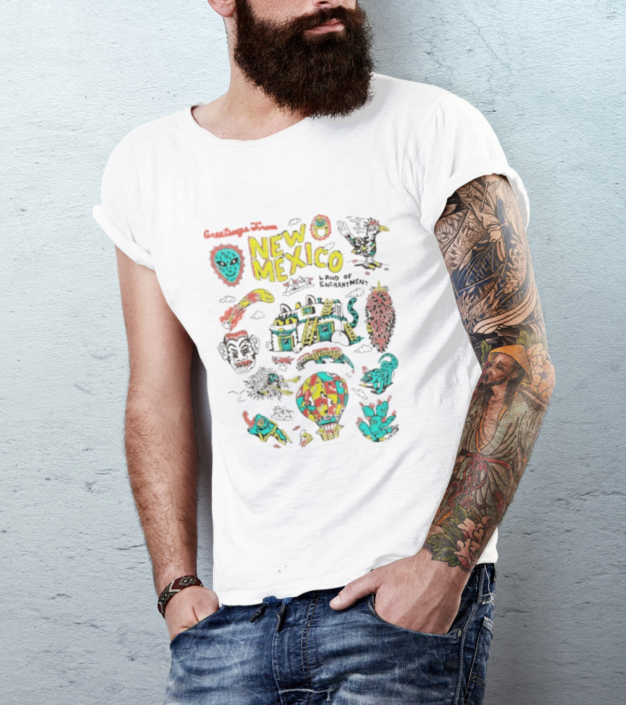 Greetings New Mexico Land Of Enchantment Colorful Southwest Symbols Hot Air Balloon Cactus And Traditional T-Shirt