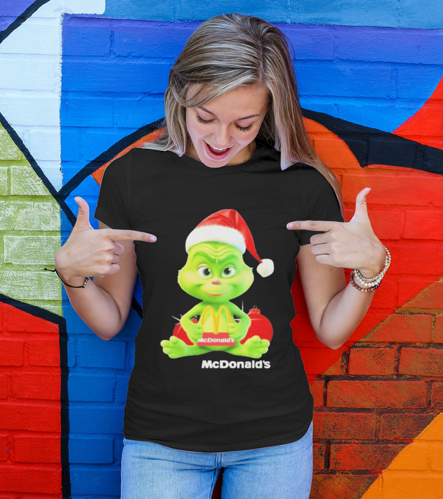 Santa Baby Grinch McDonald's Holding Happy Meal With Santa Hat And Gift Bags T-Shirt