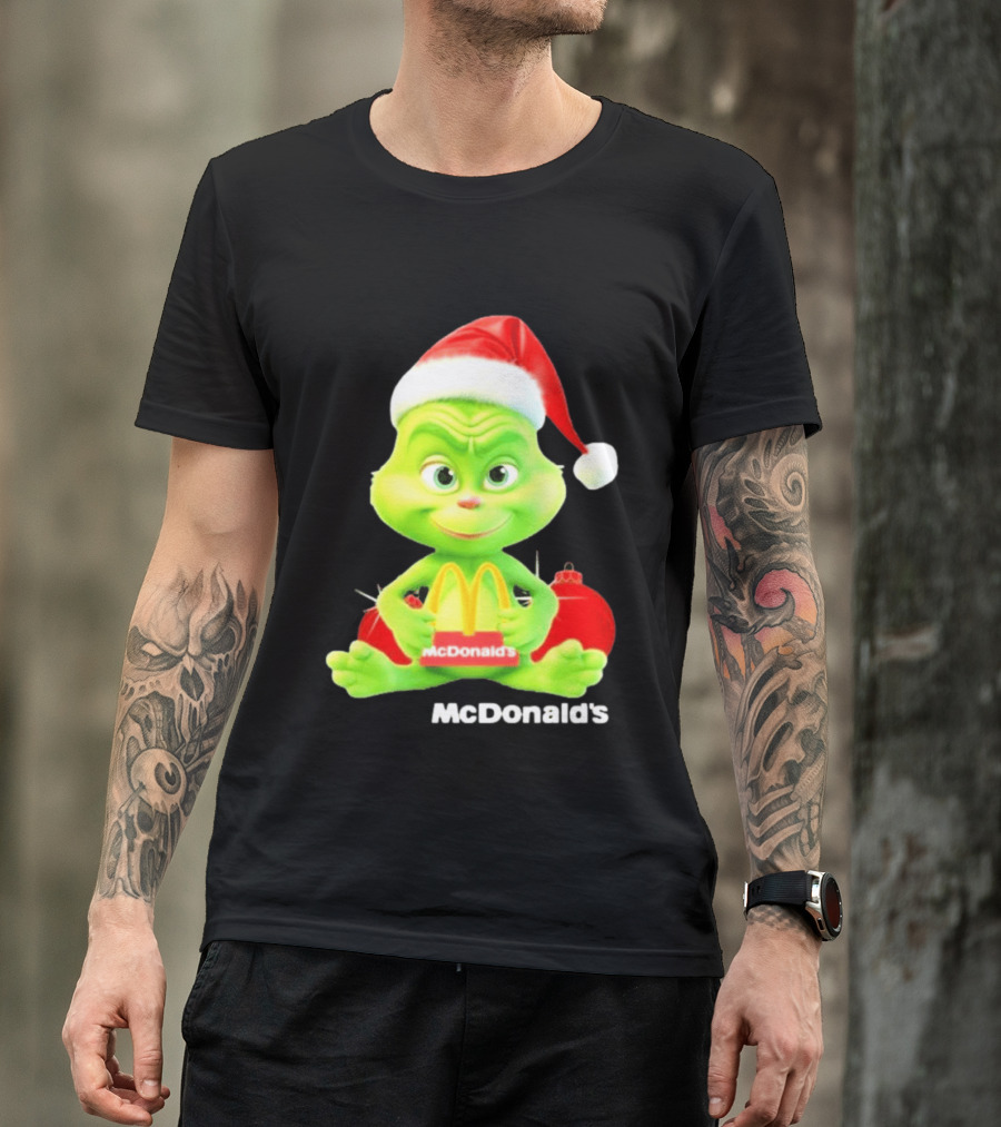 Santa Baby Grinch McDonald's Holding Happy Meal With Santa Hat And Gift Bags T-Shirt