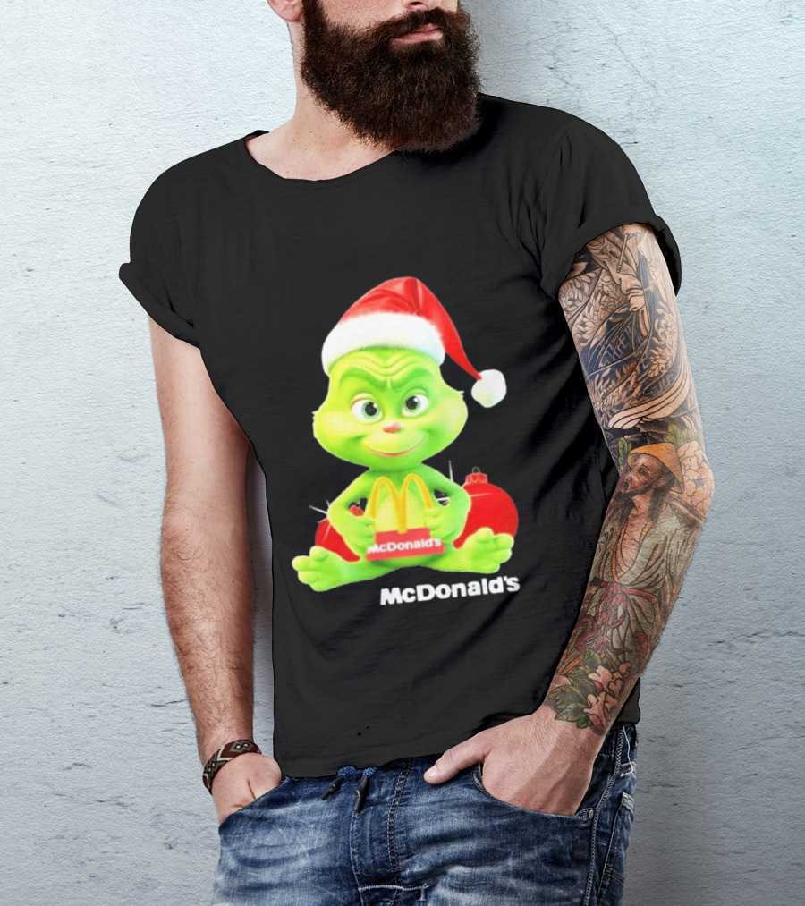 Santa Baby Grinch McDonald's Holding Happy Meal With Santa Hat And Gift Bags T-Shirt