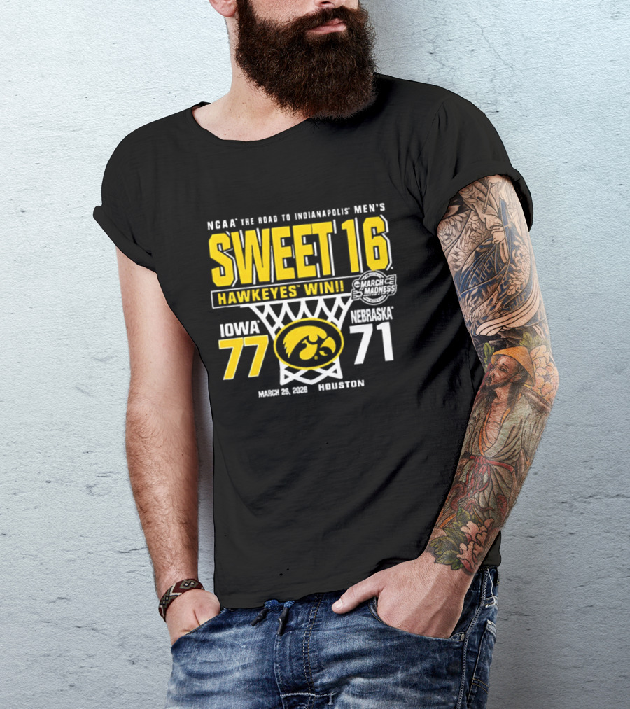 NCAA The Road To Minneapolis Men's Sweet 16 Hawkeyes Win Iowa 77 Nebraska 71 March 29 2020 Selection T-Shirt