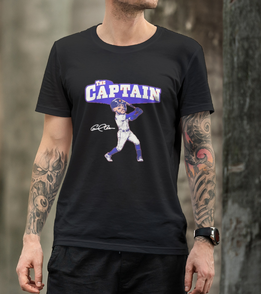The Captain Carlos Correa Caricature Baseball Player Swinging Bat With Signature T-Shirt
