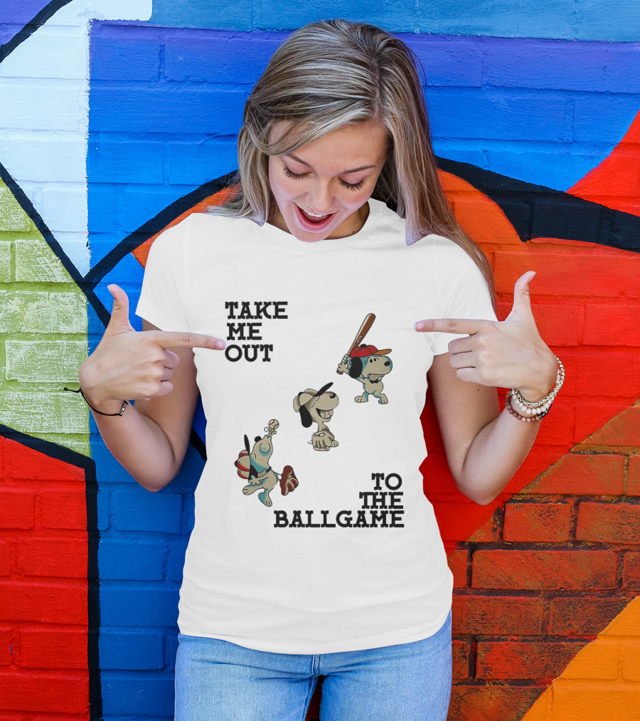 Snoopy Take Me Out To The Ballgame Baseball Red Cap Batting And Catching T-Shirt