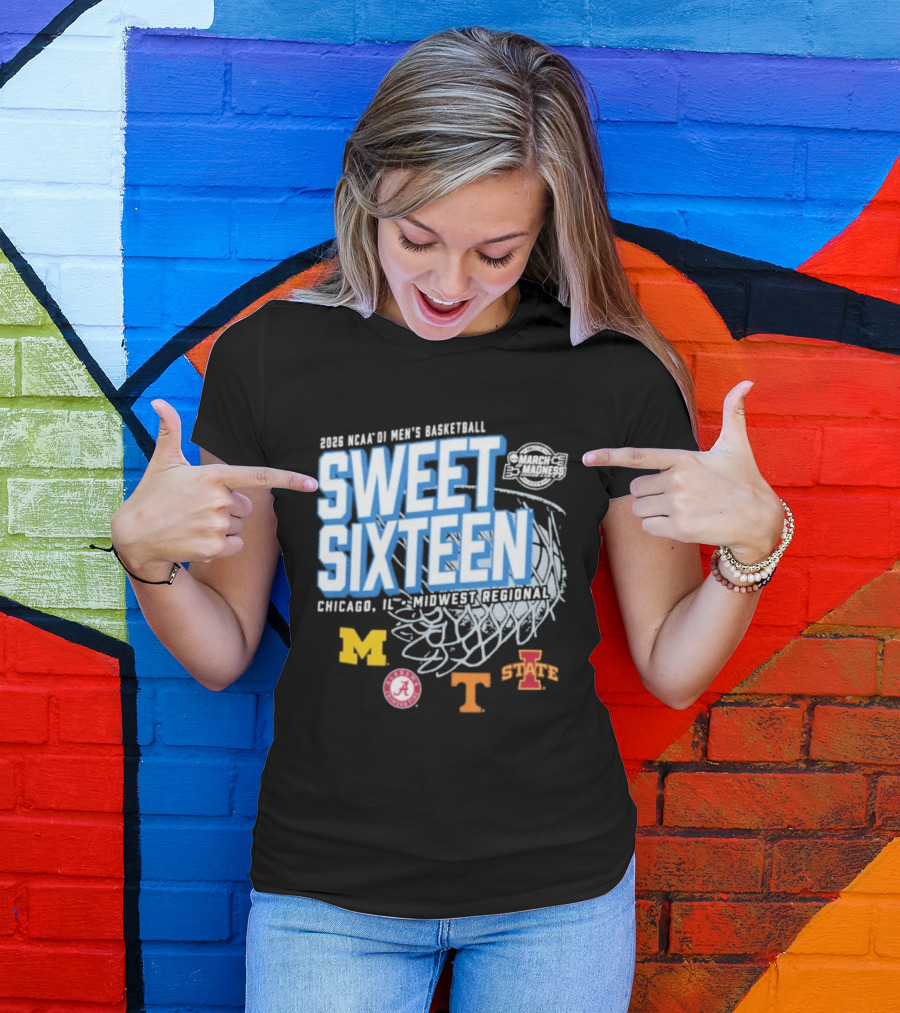 2026 NCAA DI Men's Basketball Sweet Sixteen Chicago IL Midwest Regional Michigan Alabama Tennessee Iowa State T-Shirt
