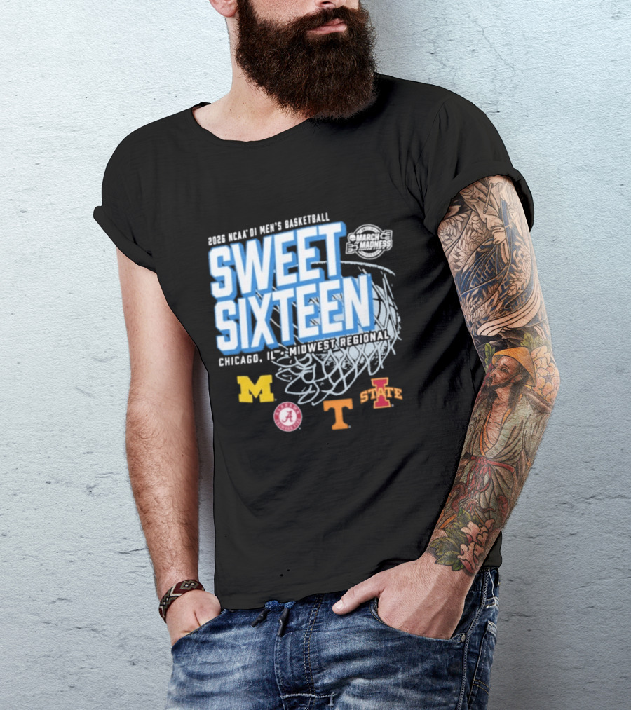 2026 NCAA DI Men's Basketball Sweet Sixteen Chicago IL Midwest Regional Michigan Alabama Tennessee Iowa State T-Shirt