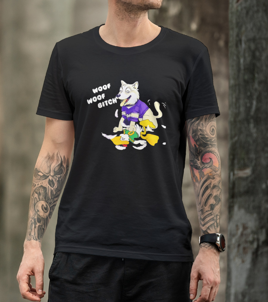Washington Huskies Woof Woof Bitch Cartoon Mascot Scene T-Shirt