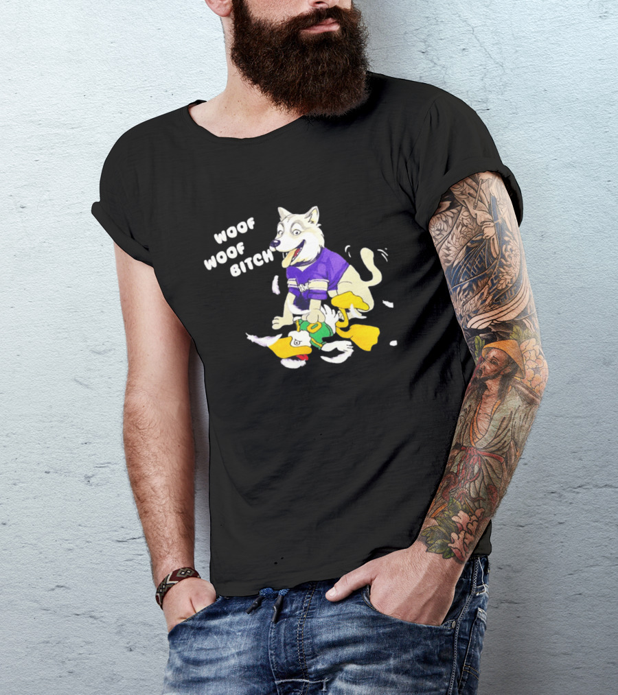 Washington Huskies Woof Woof Bitch Cartoon Mascot Scene T-Shirt
