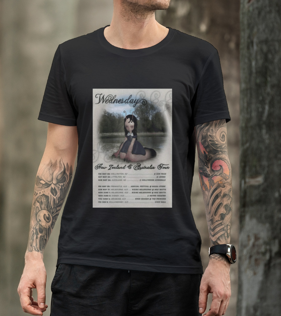Wednesday New Zealand Australia Tour 2026 Wellington Lyttelton Auckland Fremantle Melbourne Sydney Brisbane Mullumbimby T-Shirt