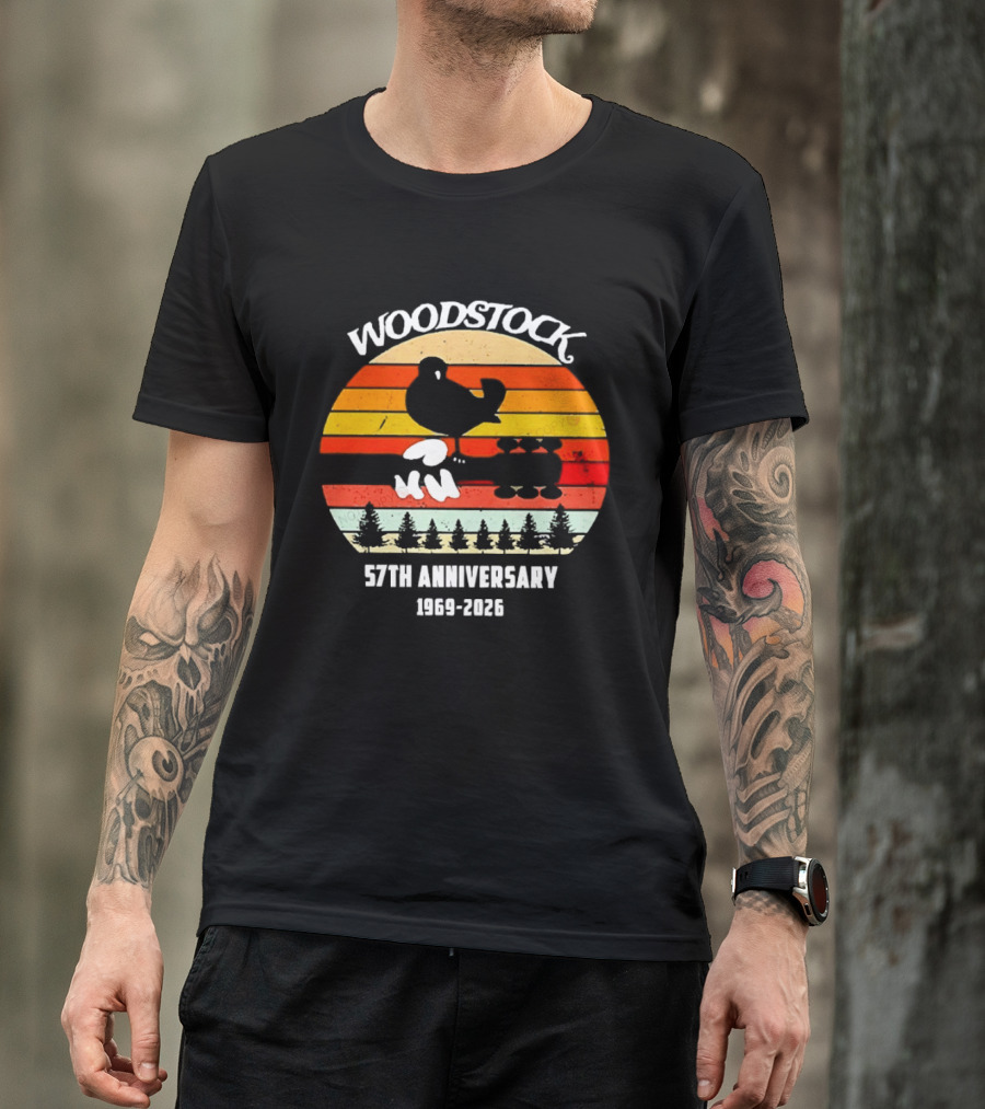Woodstock 57th Anniversary 1969 2026 Bird Vintage Sunset Stripes T-Shirt