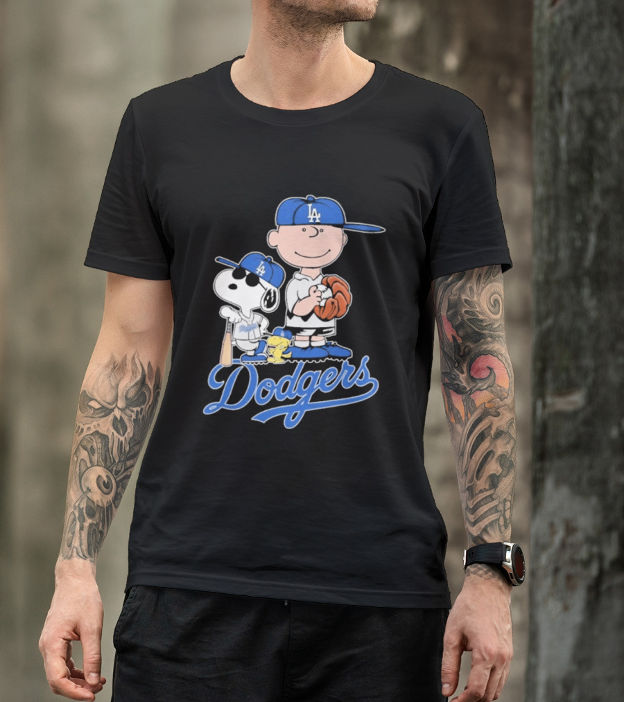 Los Angeles Dodgers Peanuts Snoopy Charlie Brown Woodstock Baseball Collaboration T-Shirt