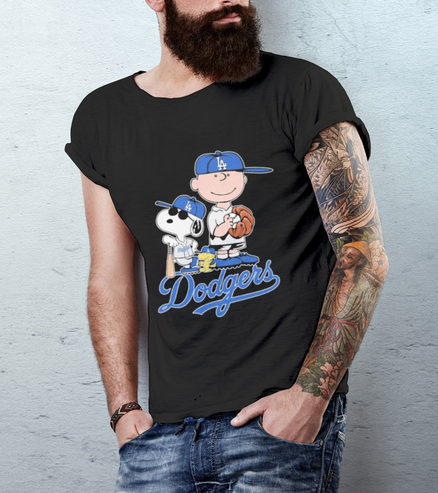 Los Angeles Dodgers Peanuts Snoopy Charlie Brown Woodstock Baseball Collaboration T-Shirt