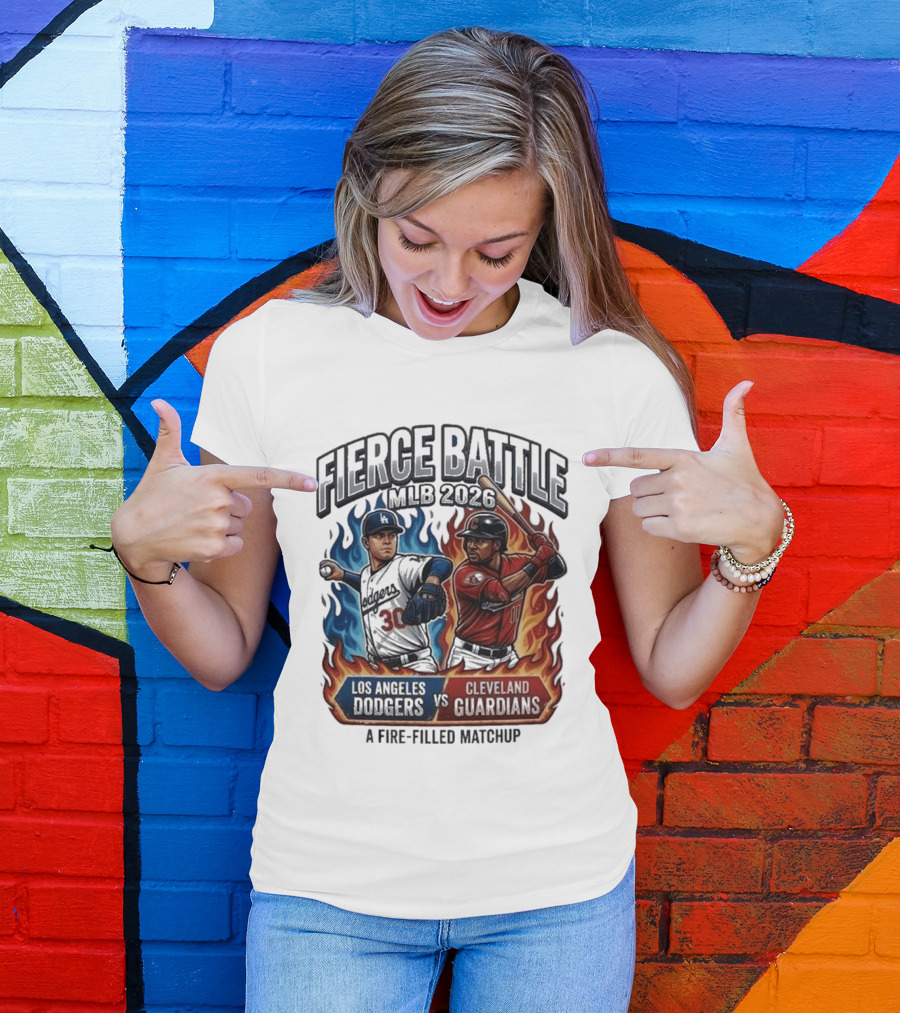 Fierce Battle MLB 2026 Los Angeles Dodgers Vs Cleveland Guardians Fire Filled Matchup T-Shirt
