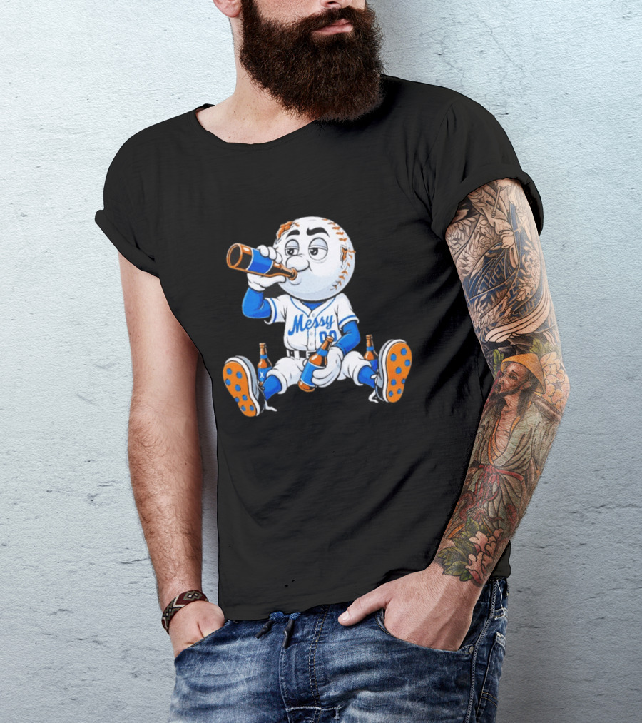 New York Mets Mr. Met Messy Drink Baseball T-Shirt