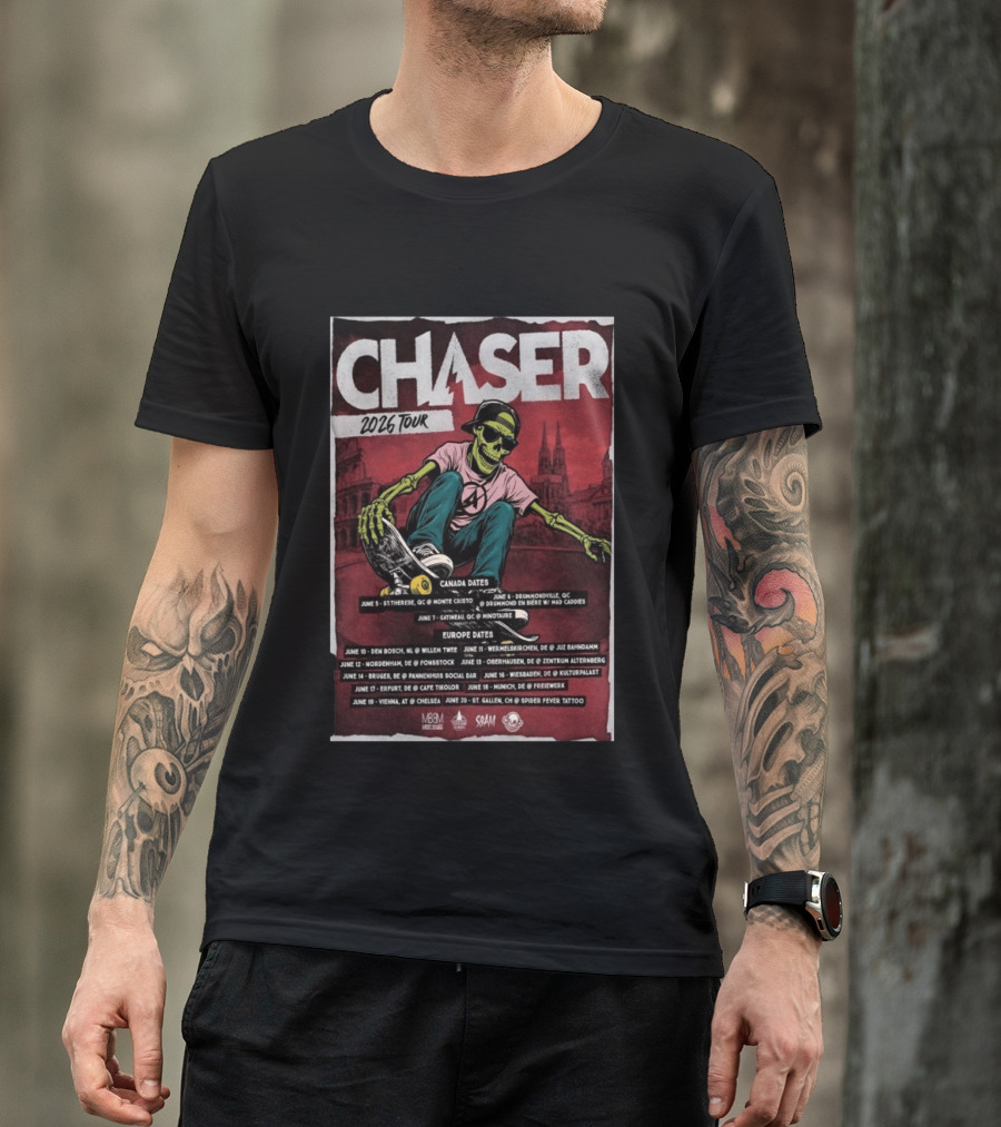 Chaser 2026 Tour Canada Europe Dates Skeleton Skateboarding T-Shirt