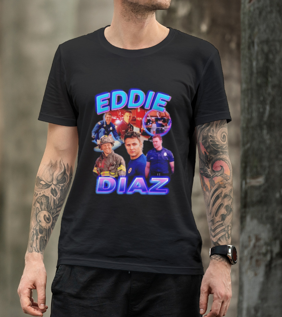 Eddie Diaz Firefighter Collage Action Scenes And Portraits T-Shirt