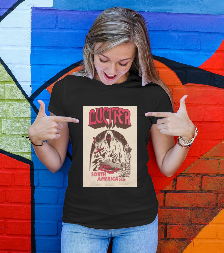Lucifer South America 2026 Tour Schedule With Hooded Figure And Skulls T-Shirt