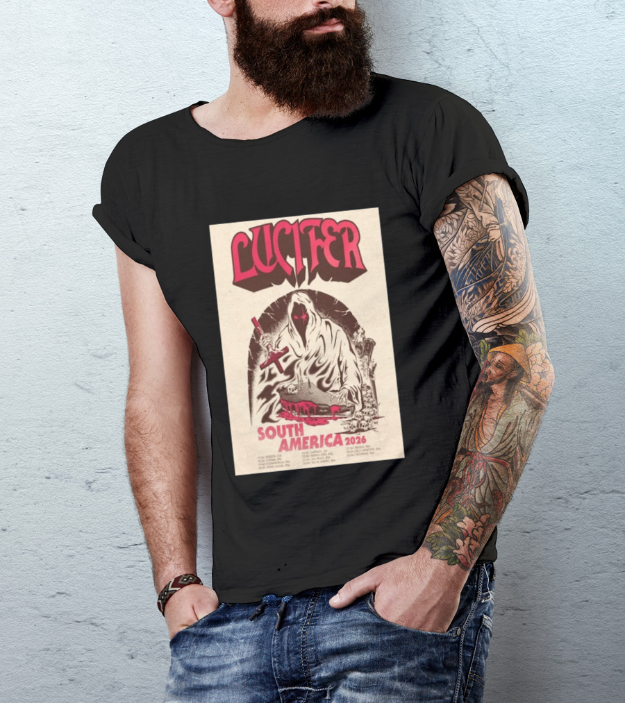 Lucifer South America 2026 Tour Schedule With Hooded Figure And Skulls T-Shirt