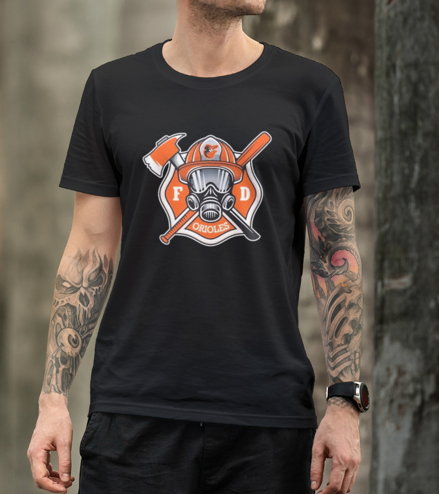 2026 Orioles FD Firefighter Appreciation Mask Helmet Axe Crossed Bat T-Shirt