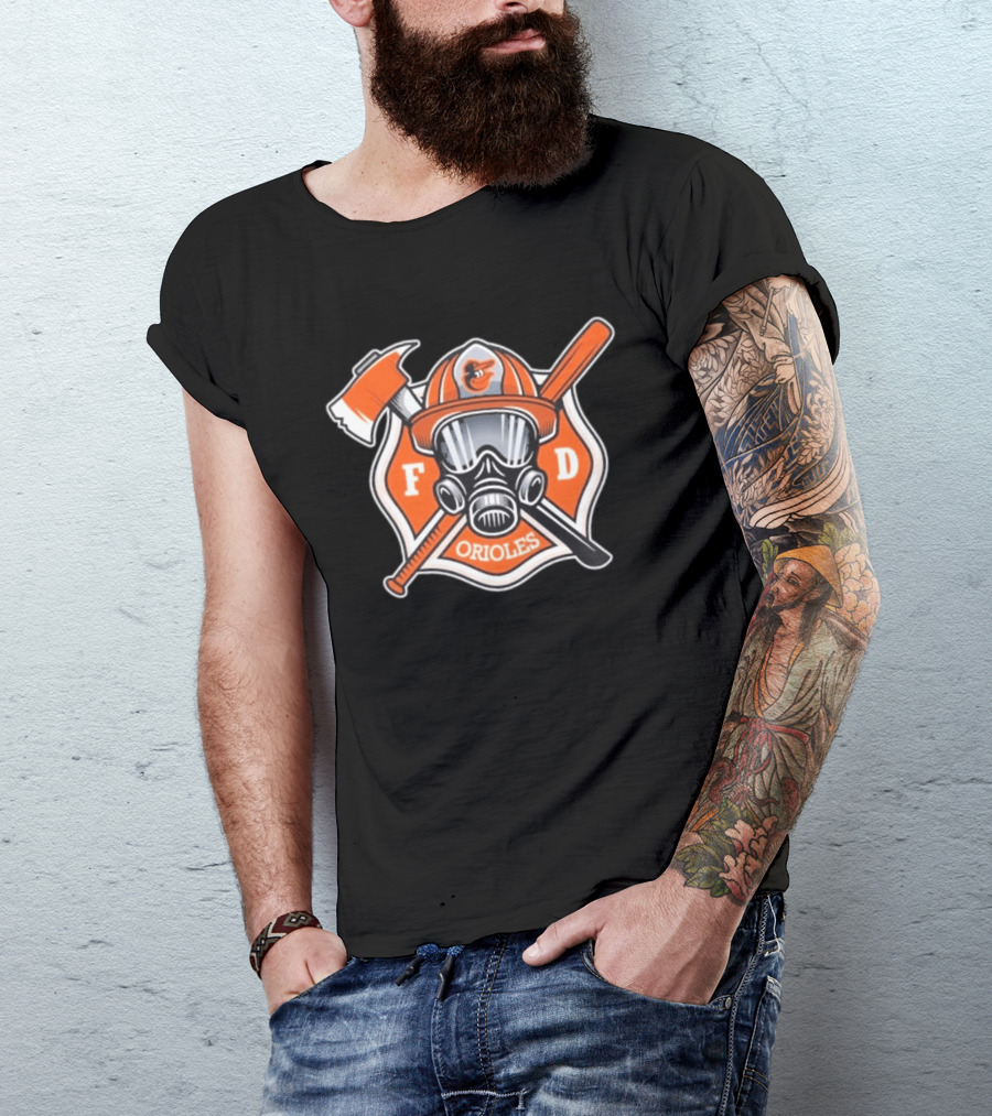 2026 Orioles FD Firefighter Appreciation Mask Helmet Axe Crossed Bat T-Shirt