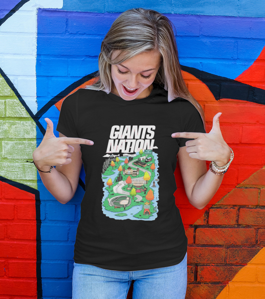 Bobby Skinner Giants Nation Cartoon Landscape Get Well Soon Welcome To Giants Nation Balloon Trees River T-Shirt